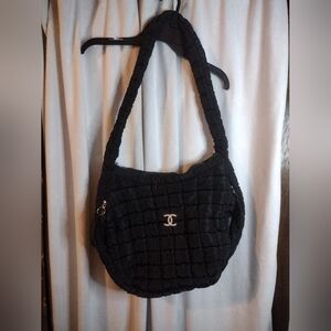 Large Black Puffer Bag Purse With Initial Brooch